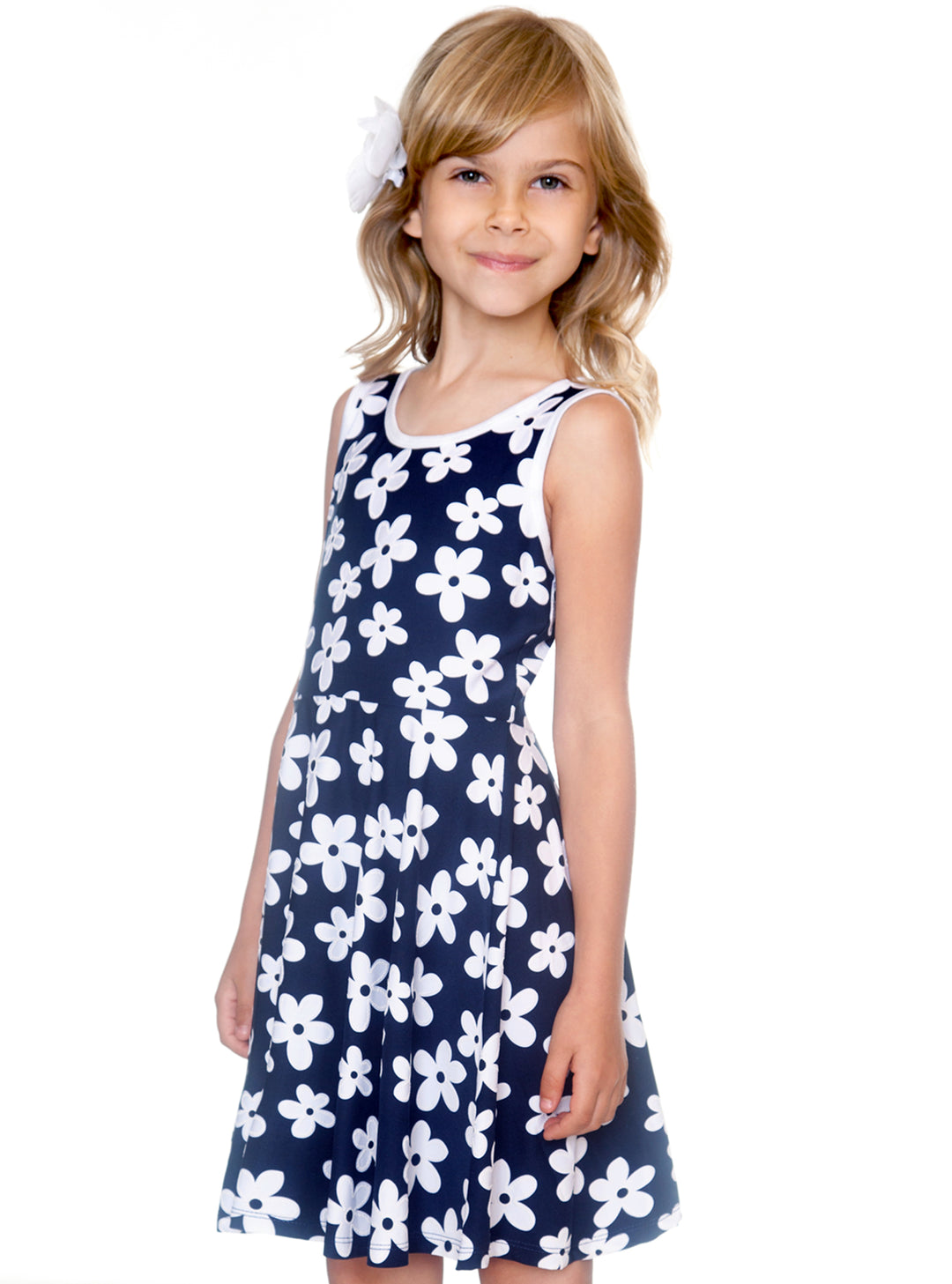 NAVY DRESS WITH WHITE TRIM AND LARGE WHITE DAISIES