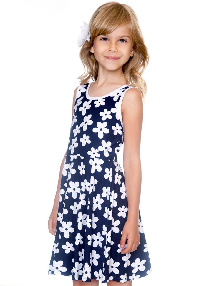 NAVY DRESS WITH WHITE TRIM AND LARGE WHITE DAISIES