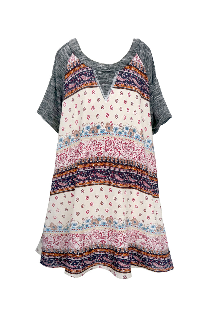 COLD SHOULDER SHORT SLEEVE RAGLAN A-LINE DRESS WITH FABRIC BLOCKING