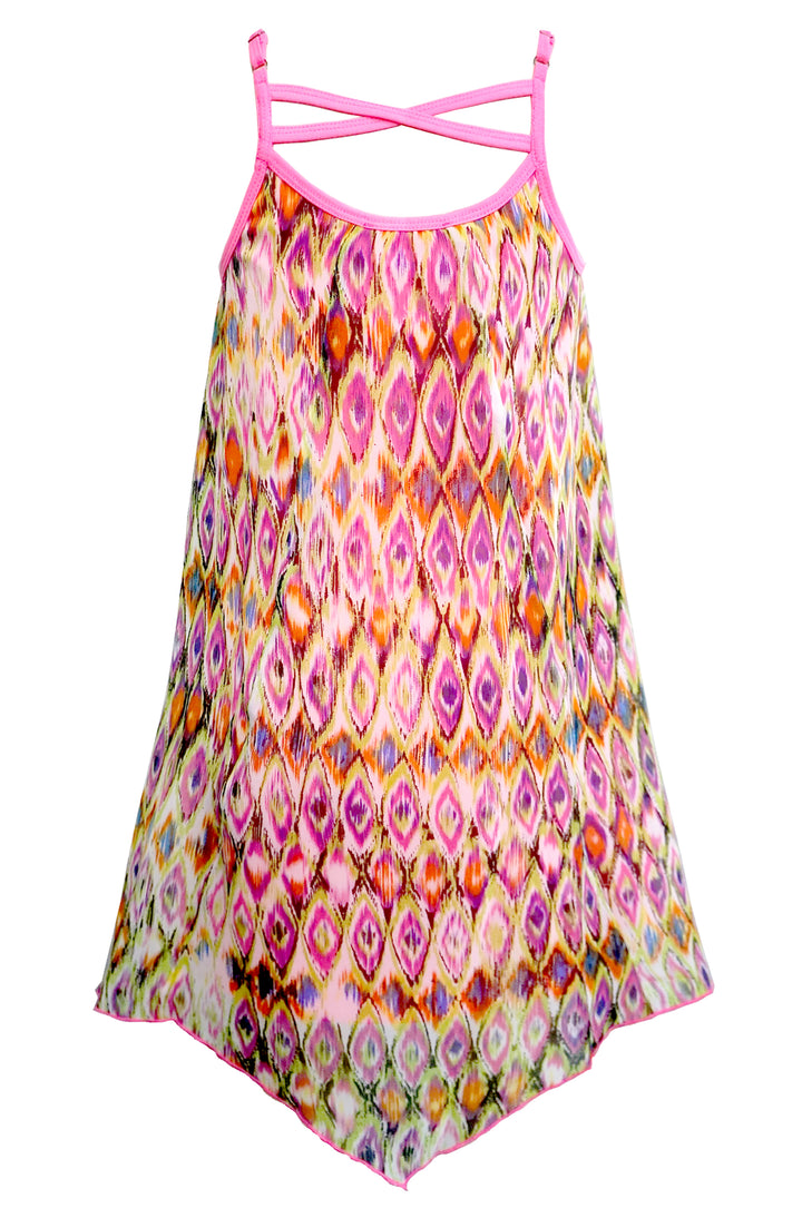 GEOMETRIC PRINT A-LINE, HANKY DRESS WITH FRINGE DETAIL AT FRONT NECK