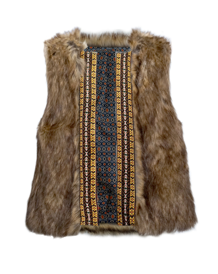 SLEEVELESS FAUX FUR VEST WITH CONTRAST PRINT LINING AND CONTRAST NAVAJO TRIM