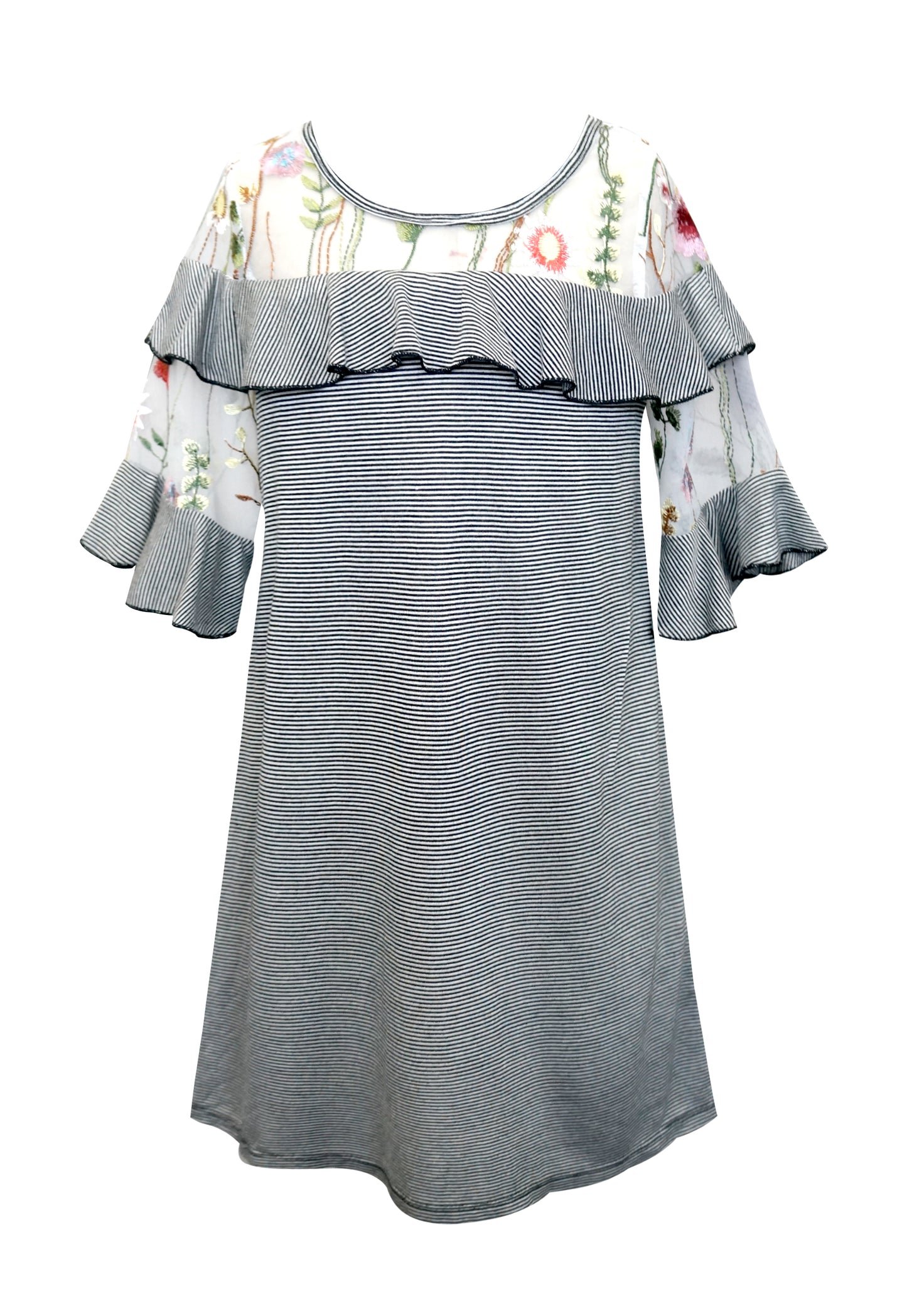 A-LINE DRESS W/ CIRCULAR RUFFLE AND EMBROIDERY DETAIL AT SLEEVES