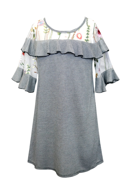 A-LINE DRESS W/ CIRCULAR RUFFLE AND EMBROIDERY DETAIL AT SLEEVES