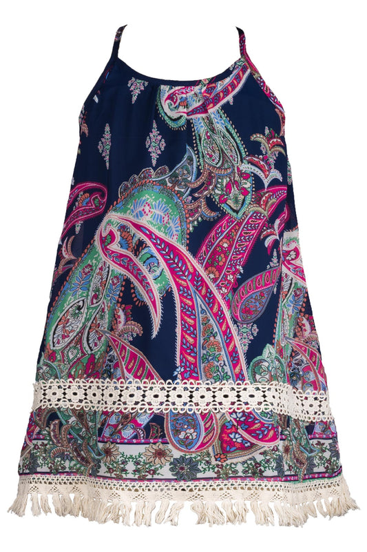 NAVY MULTI PAISLEY STRAPPY DRESS WITH FRINGE BOTTOM