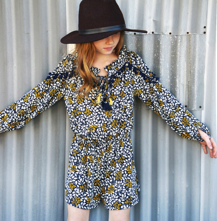 LONG SLEEVE ROMPER WITH COLOR TASSEL TRIM