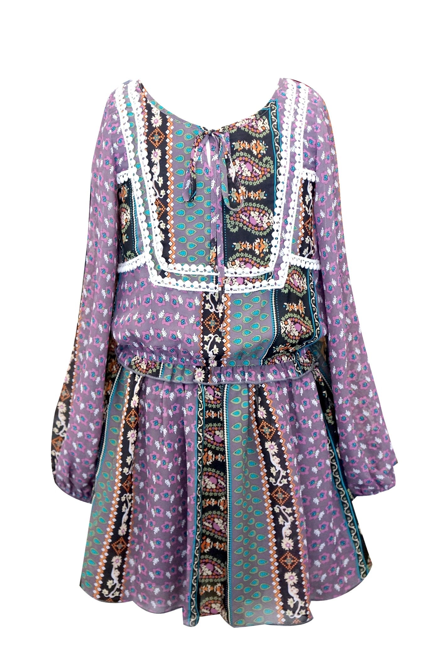 Big Girls Long Sleeve Boho Floral Print Chiffon Dress