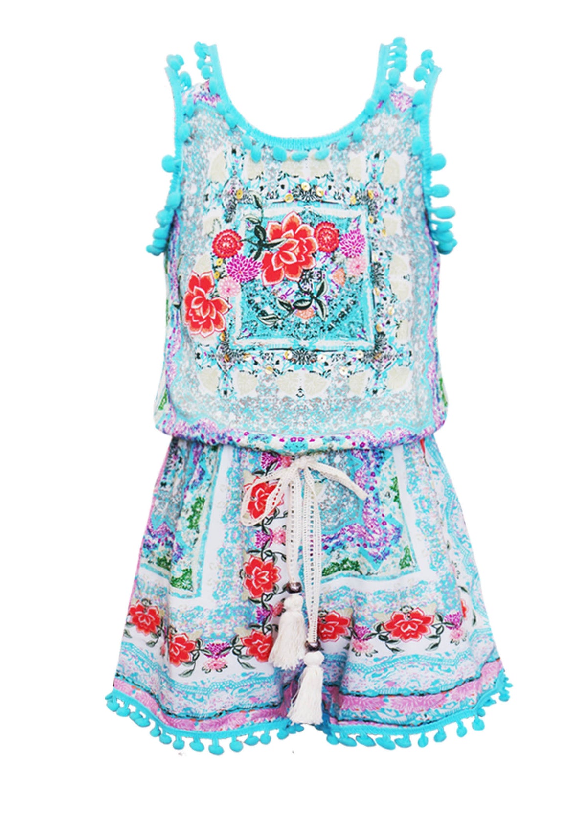 FLORAL PRINT ROMPER WITH POMPOM TRIM DETAIL AND LACE-UP BACK