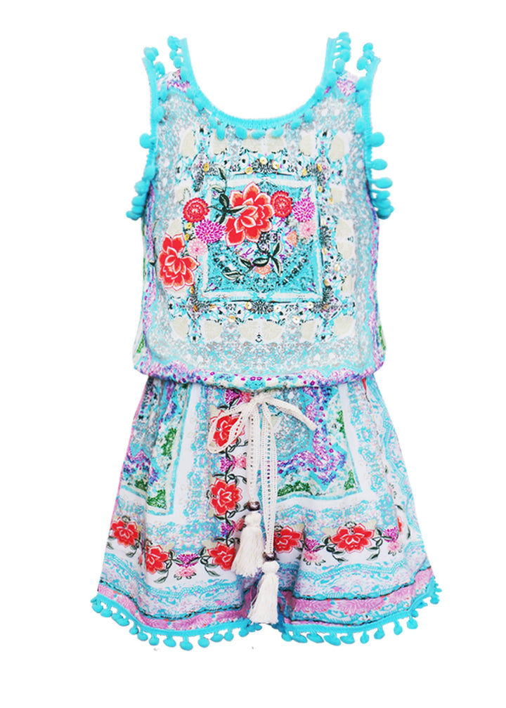 FLORAL PRINT ROMPER WITH POMPOM TRIM DETAIL AND LACE-UP BACK
