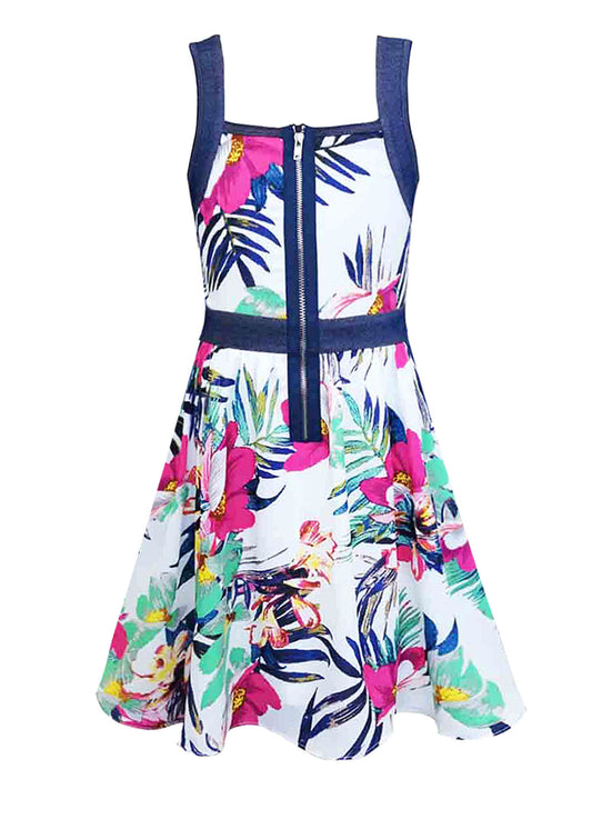 ZIPPER DETAIL DRESS W/TROPICAL PRINT AND DENIM STRAP