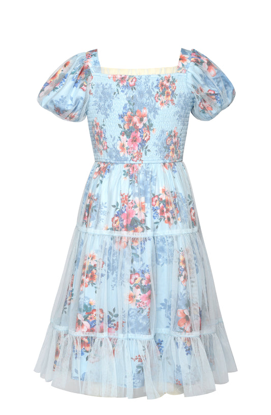 PRINT DRESS WITH MESH OVERLAY