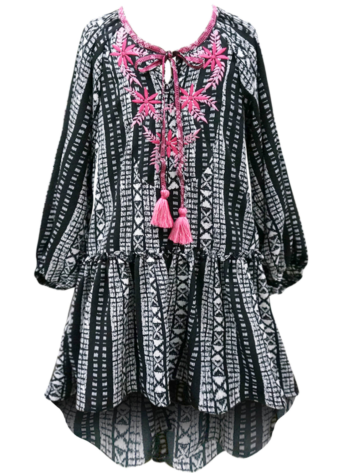 HI LOW DROPPED WAIST DRESS WITH EMBROIDERY AT YOKE DETAIL AND TASSEL DETAIL