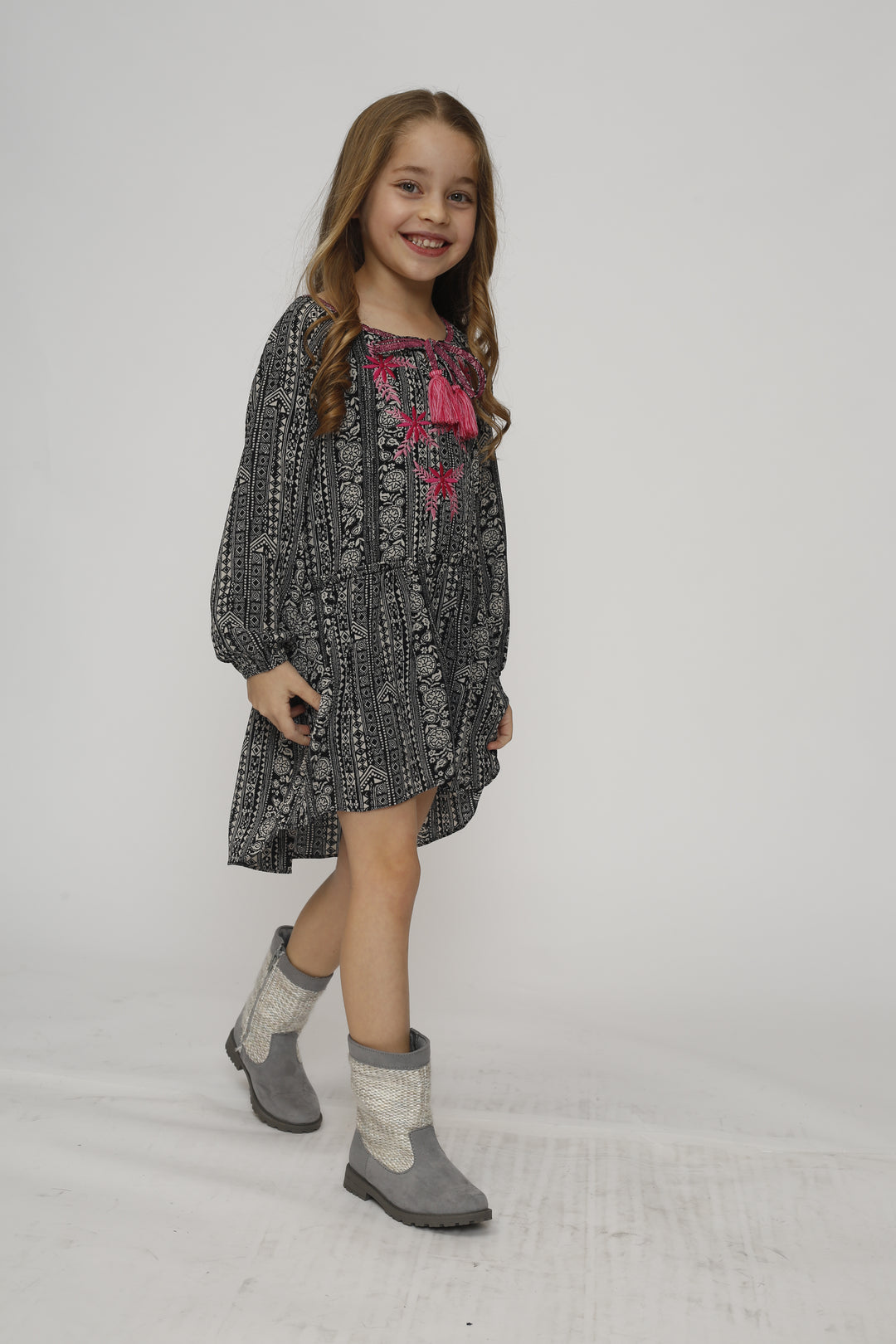 HI LOW DROPPED WAIST DRESS WITH EMBROIDERY AT YOKE DETAIL AND TASSEL DETAIL