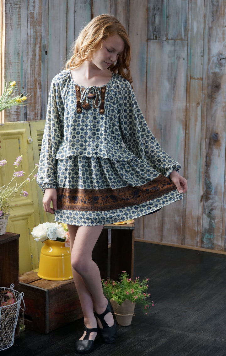 LONG SLEEVE SWING TOP OVERLAY DRESS WITH FAUX SUEDE TRIMMINGS