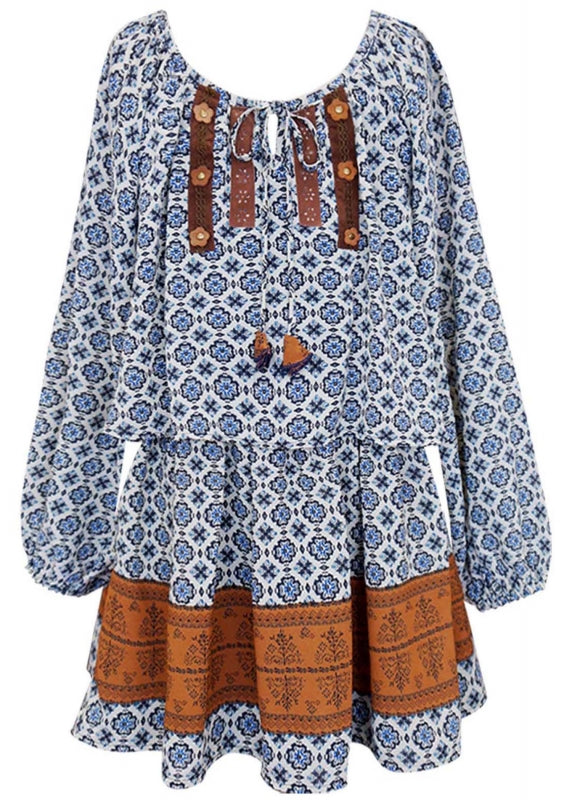 LONG SLEEVE SWING TOP OVERLAY DRESS WITH FAUX SUEDE TRIMMINGS