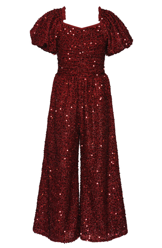 SEQUINED JUMPSUIT WITH RUCHED FRONT AND PUFF SLEEVE
