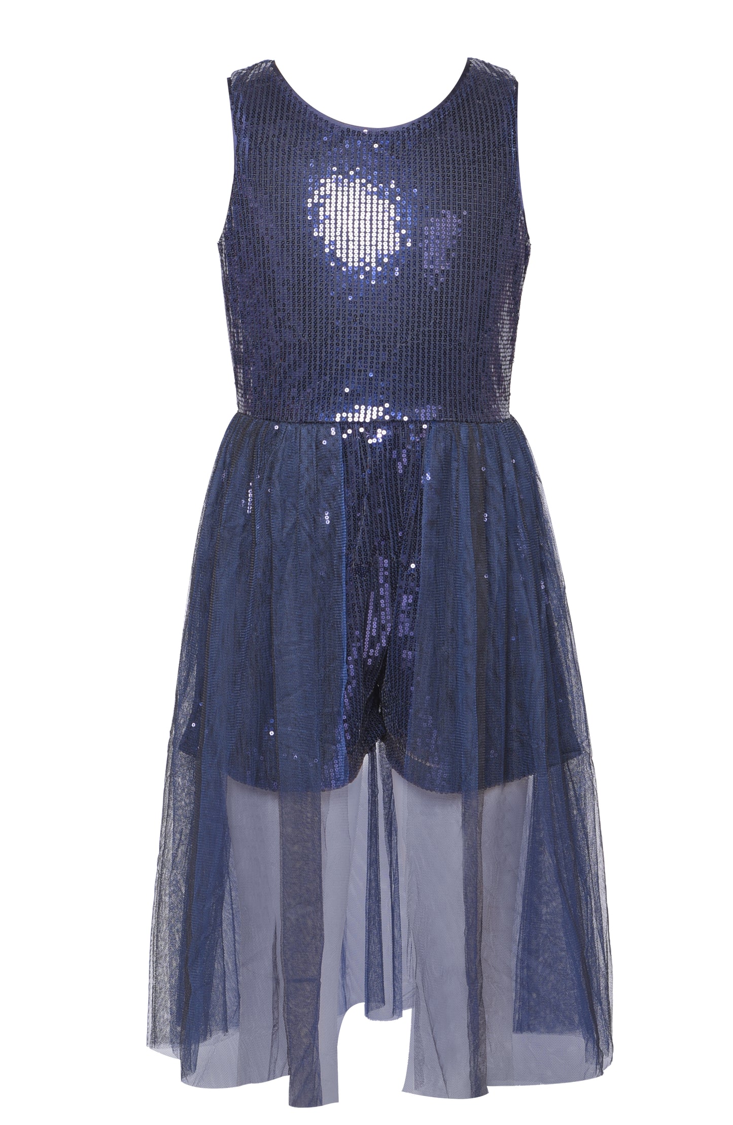 SEQUINED ROMPER WITH MESH SKIRT OVERLAY