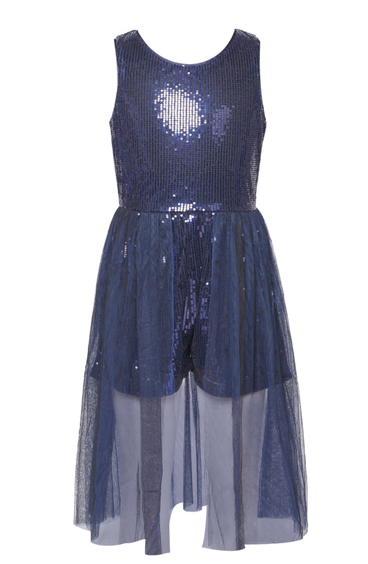 SEQUINED ROMPER WITH MESH SKIRT OVERLAY