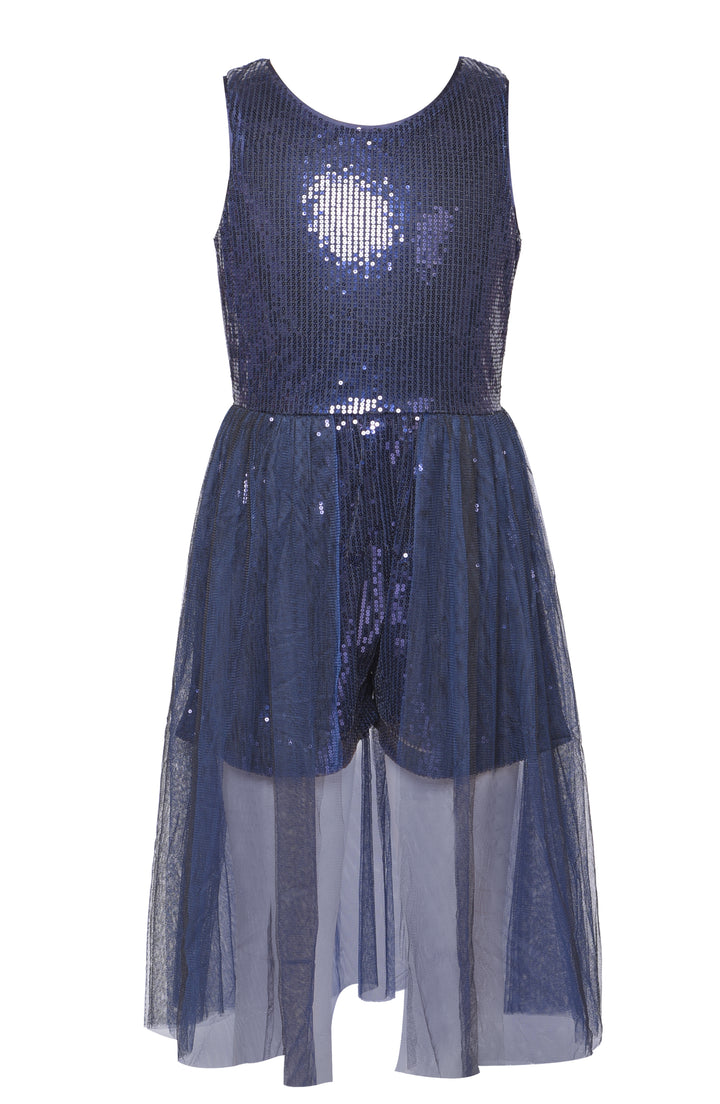 SEQUINED ROMPER WITH MESH SKIRT OVERLAY