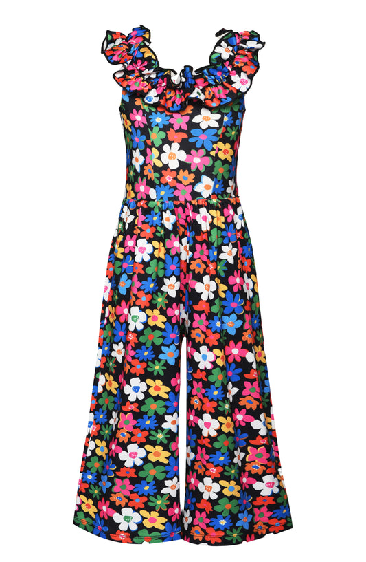 FLORAL JUMPSUIT WITH RUFFLED NECKBAND