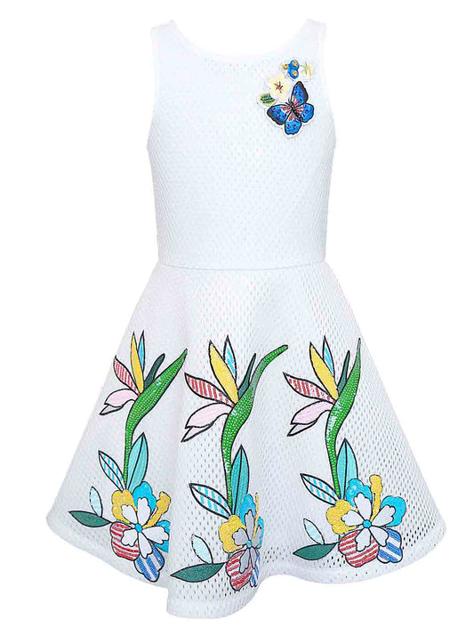 MESH FIT AND FLARE DRESS WITH SEQUIN APPLIQUE