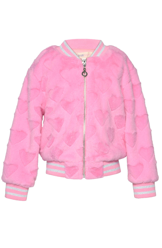 ALL OVER HEARTS FAUX FUR BOMBER JACKET