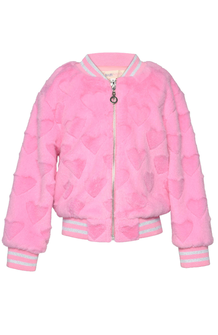 ALL OVER HEARTS FAUX FUR BOMBER JACKET