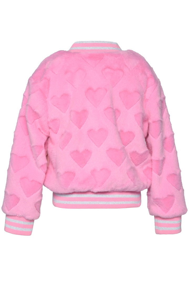 ALL OVER HEARTS FAUX FUR BOMBER JACKET