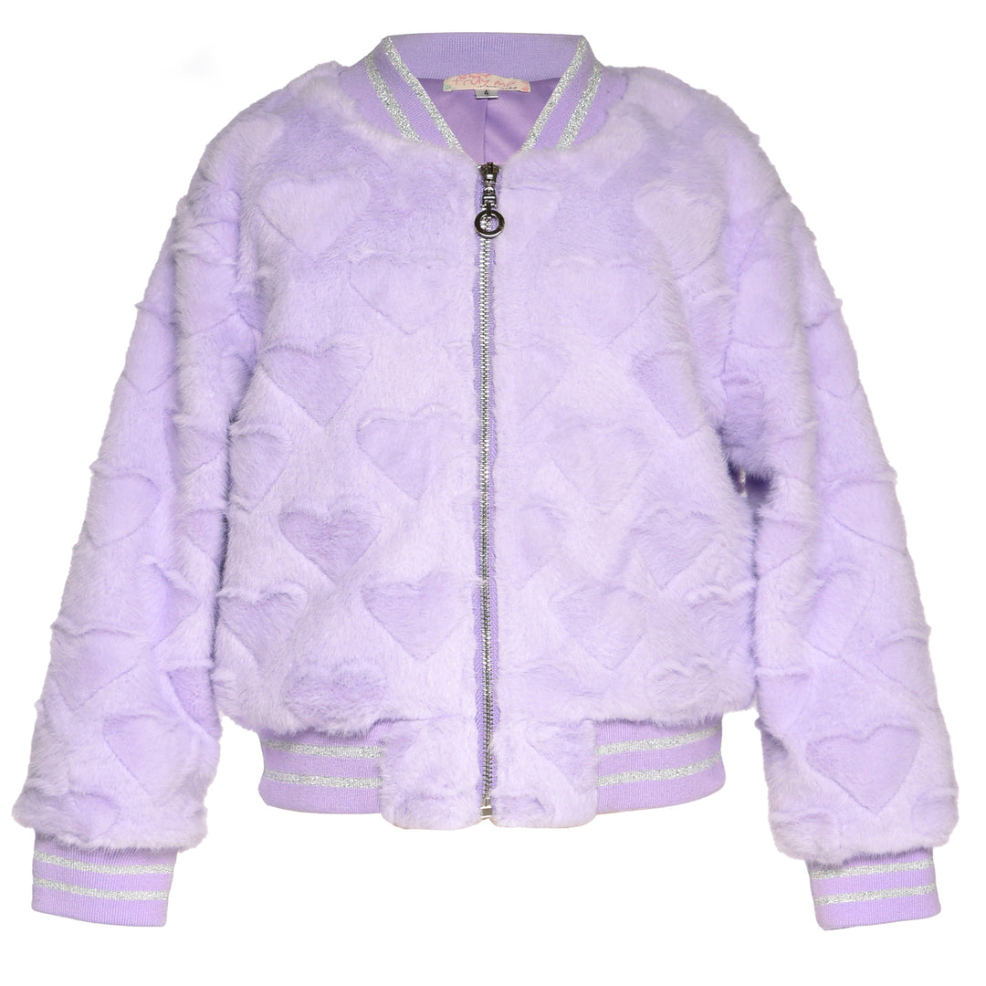 ALL OVER HEARTS FAUX FUR BOMBER JACKET