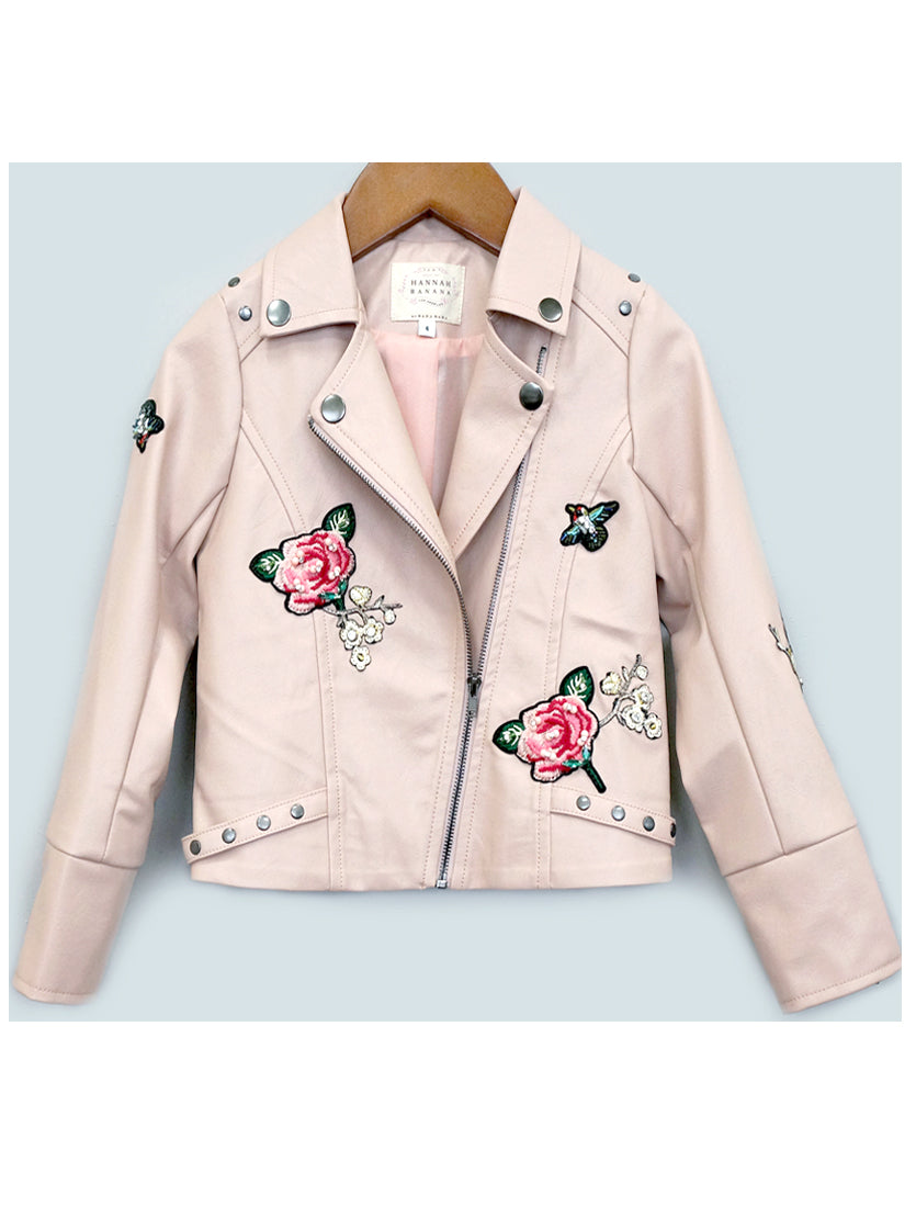 FAUX LEATHER BIKER JACKET W/ JEWELED PATCHES