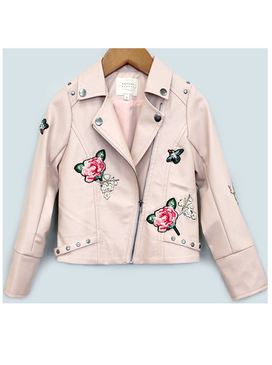 FAUX LEATHER BIKER JACKET W/ JEWELED PATCHES