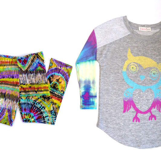 TIE DYE TOP WITH OWL PRINT AND PRINTED LEGGINGS (2PC SET)