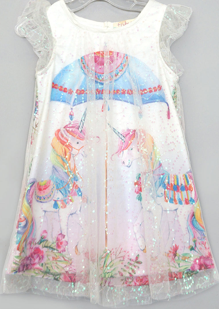 Little Girls Mesh Overlay Unicorn Dress