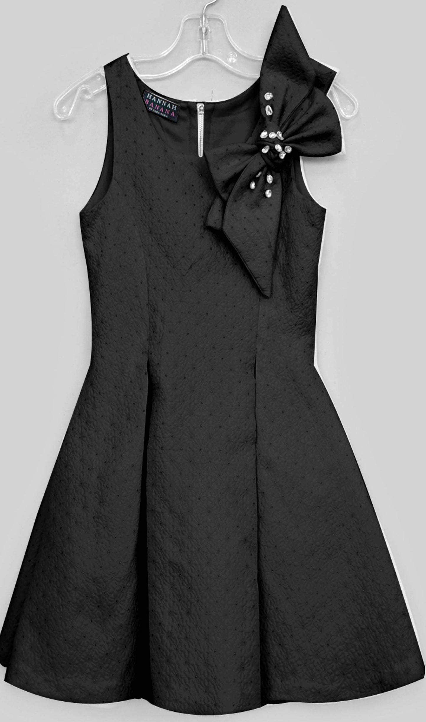 FIT AND FLARE PLEATED DRESS W/ JEWELED BOW