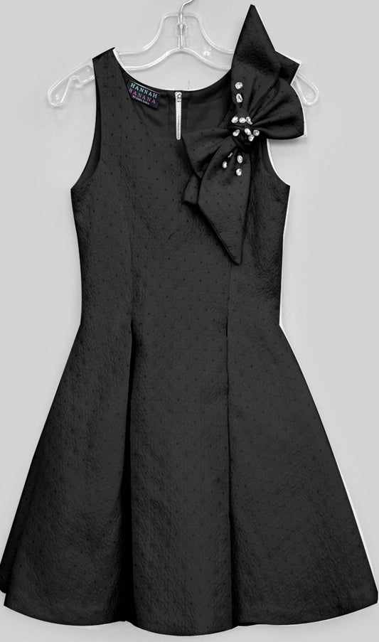 FIT AND FLARE PLEATED DRESS W/ JEWELED BOW