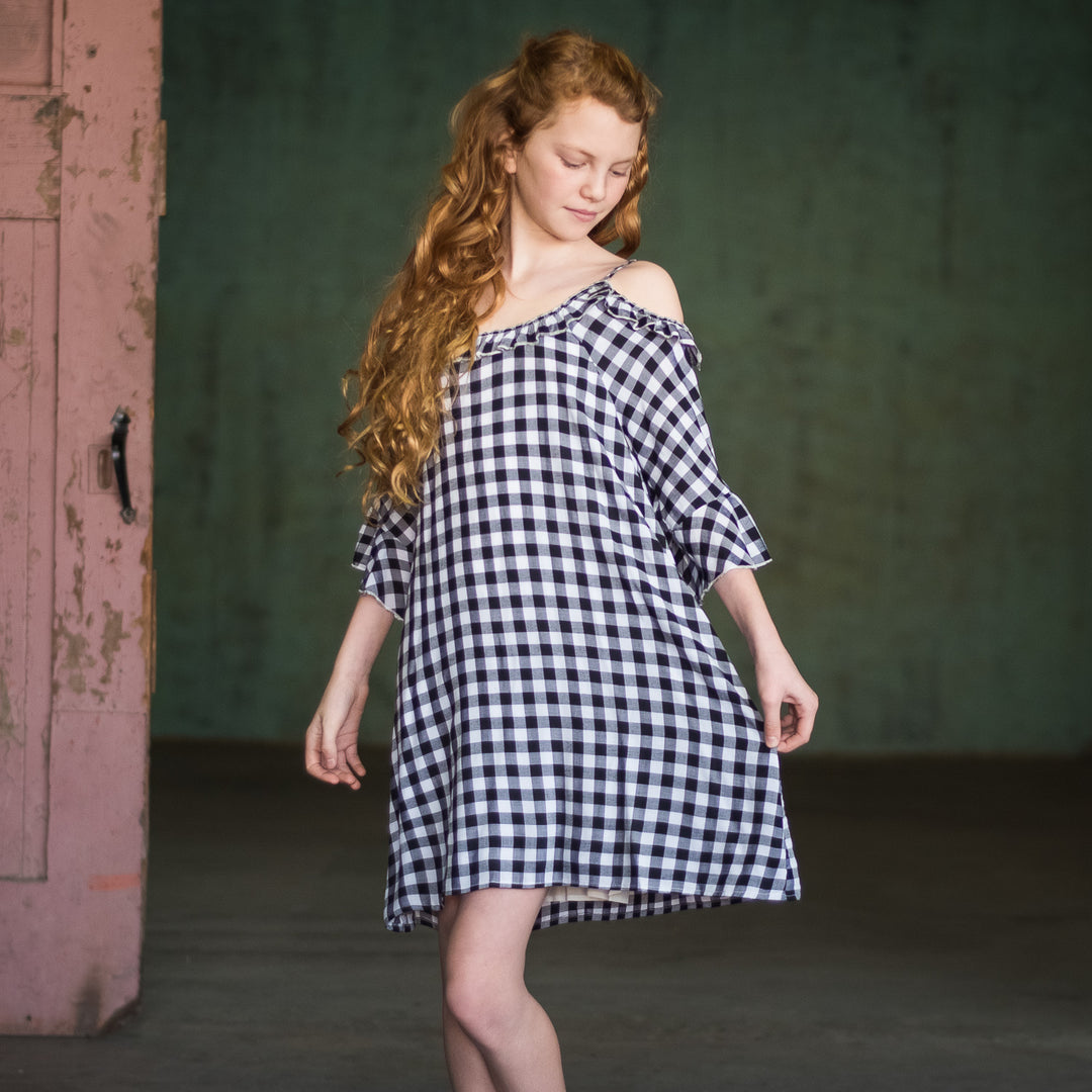 GINGHAM OPEN SHOULDER DRESS