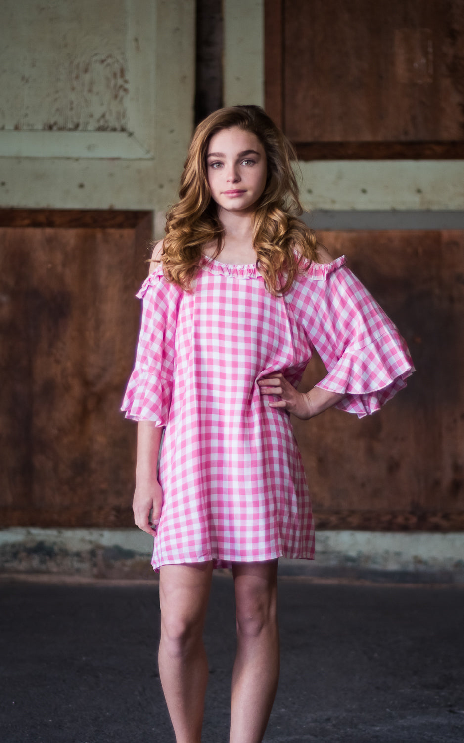 GINGHAM OPEN SHOULDER DRESS