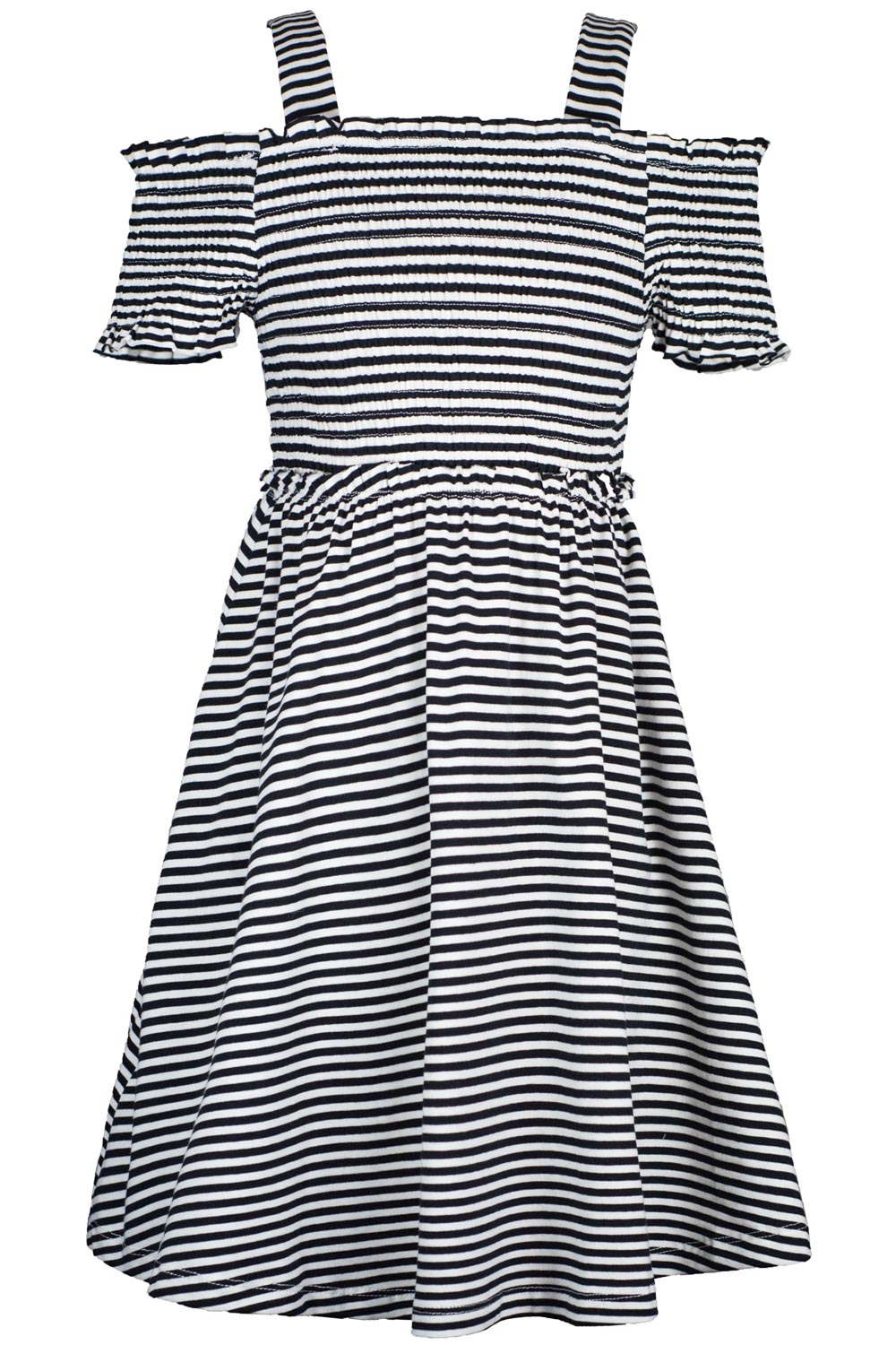 OFF THE SHOULDER STRIPED DRESS
