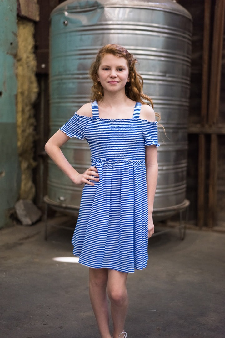 OFF THE SHOULDER STRIPED DRESS