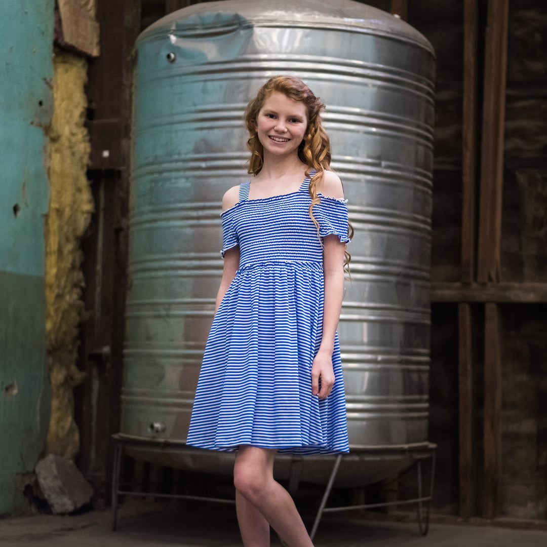 OFF THE SHOULDER STRIPED DRESS