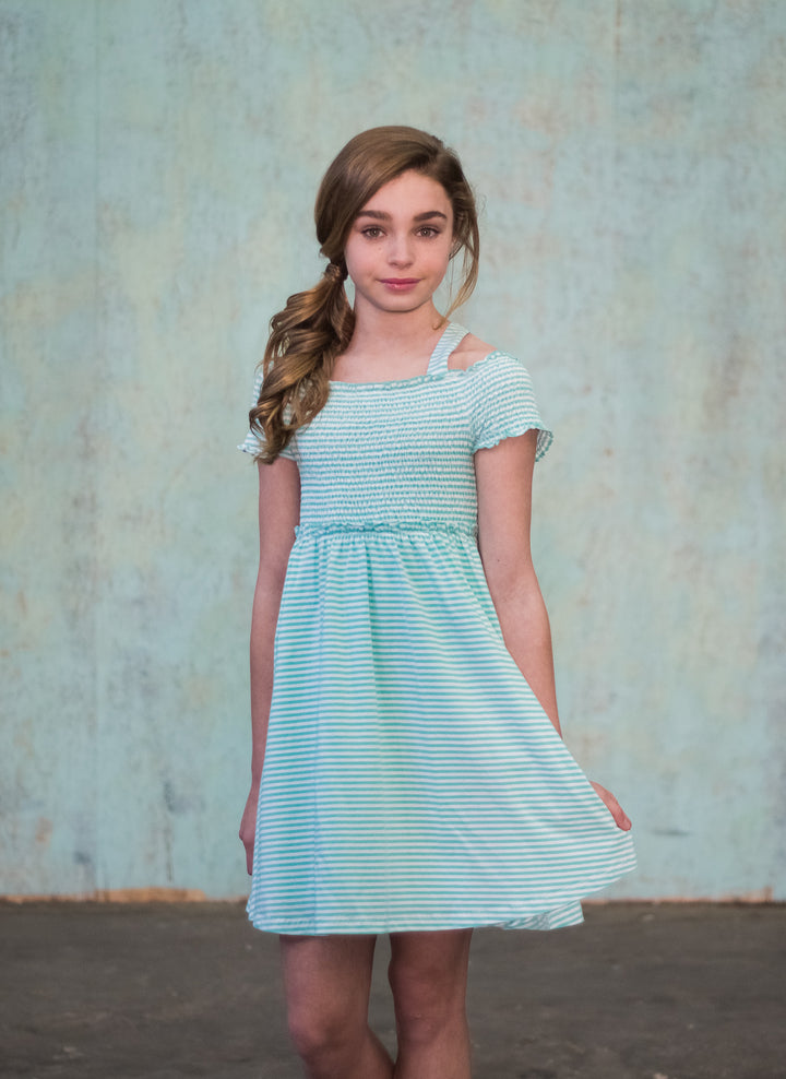 OFF THE SHOULDER STRIPED DRESS