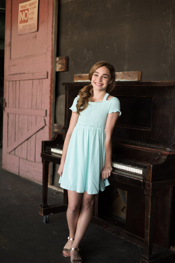 OFF THE SHOULDER STRIPED DRESS