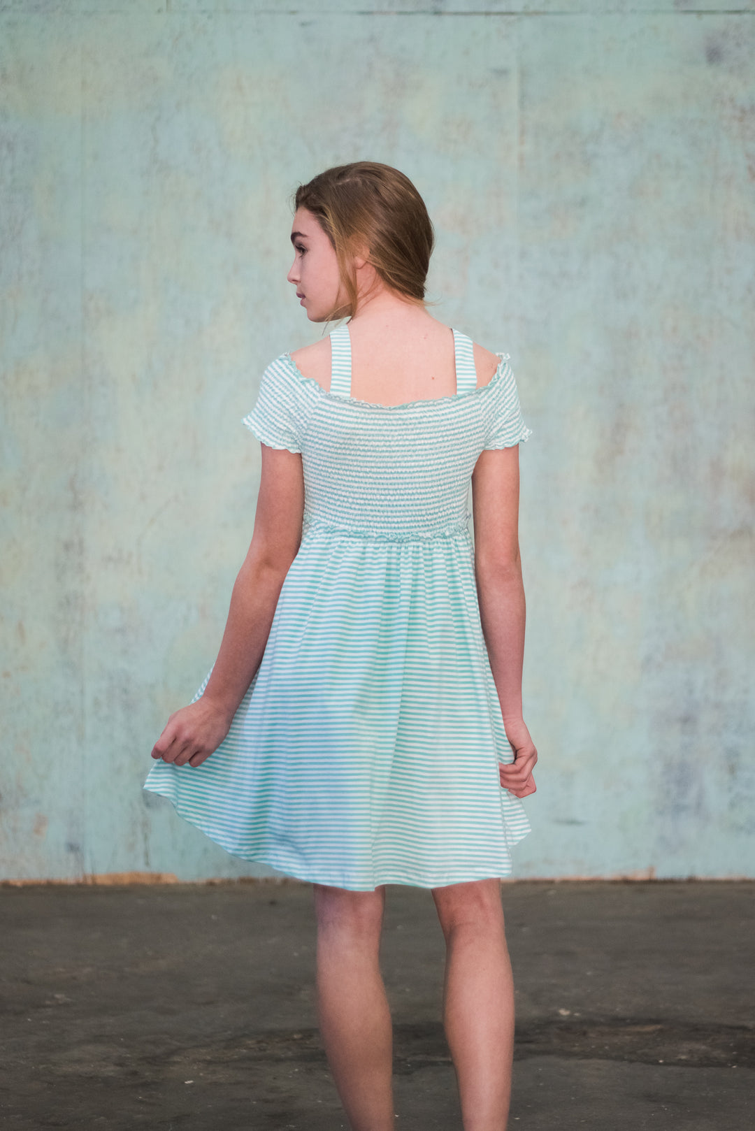 OFF THE SHOULDER STRIPED DRESS