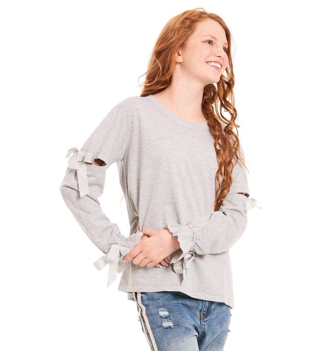 LONG SLEEVE TOP WITH RUFFLE CUFFS AND BOW