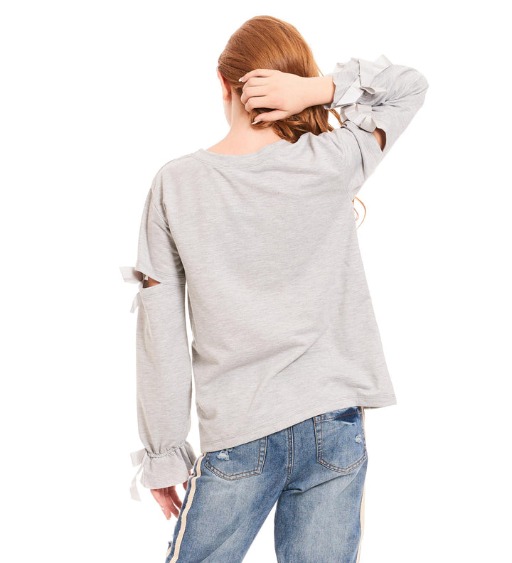 LONG SLEEVE TOP WITH RUFFLE CUFFS AND BOW