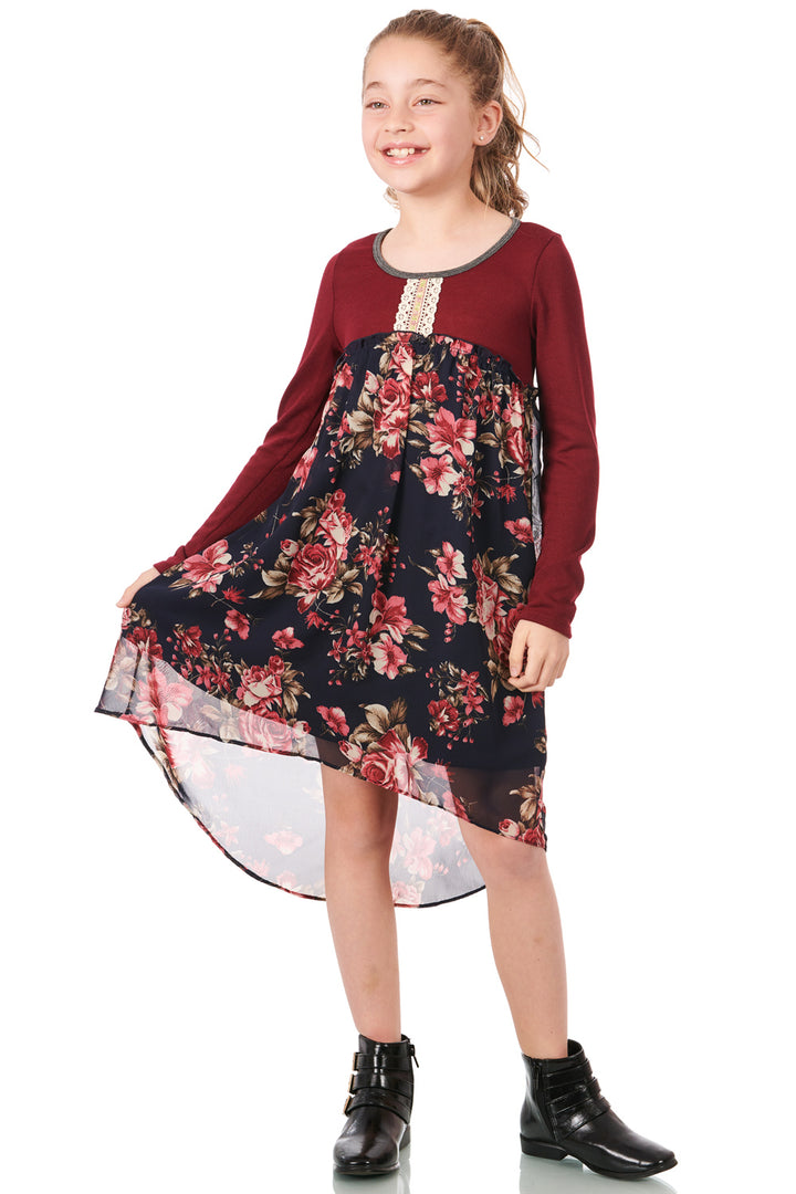 Big Girls Knit Top Long Sleeve Floral Chiffon Dress