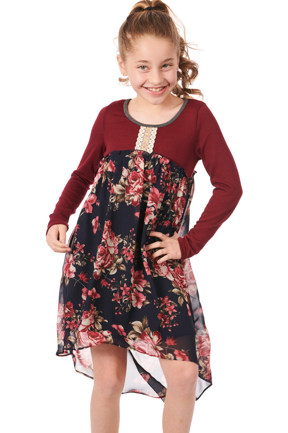 Big Girls Knit Top Long Sleeve Floral Chiffon Dress