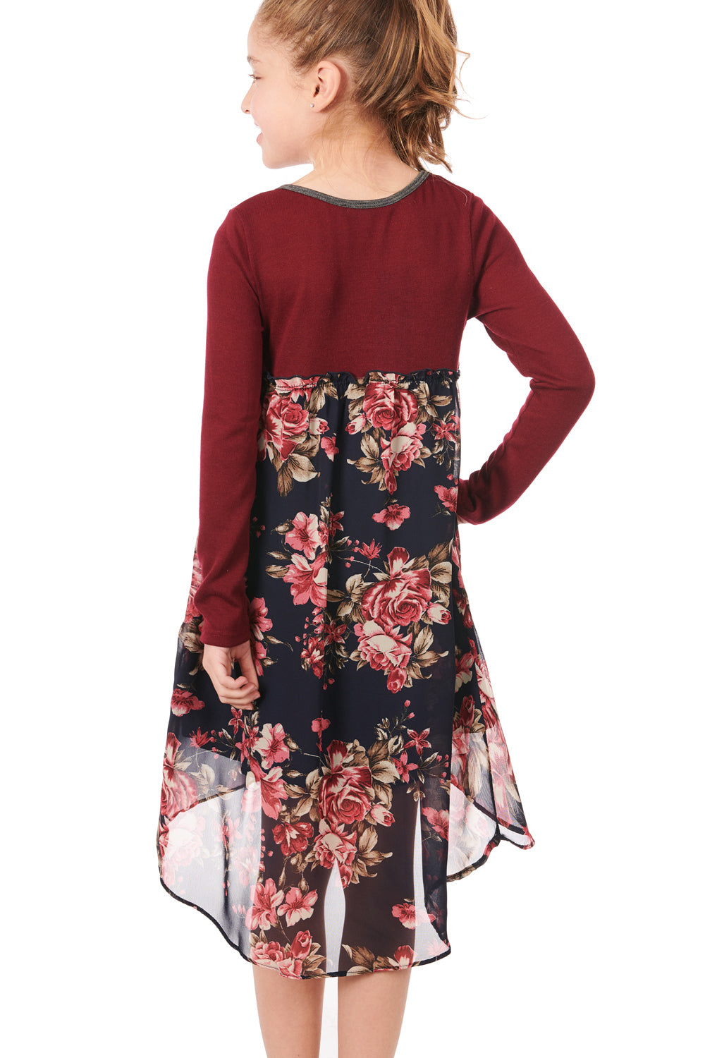 Big Girls Knit Top Long Sleeve Floral Chiffon Dress