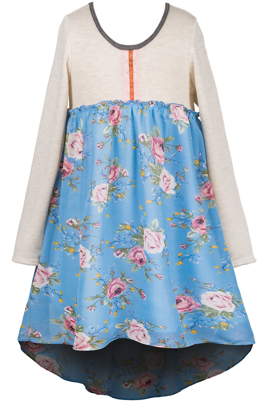 Big Girls Knit Top Long Sleeve Floral Chiffon Dress