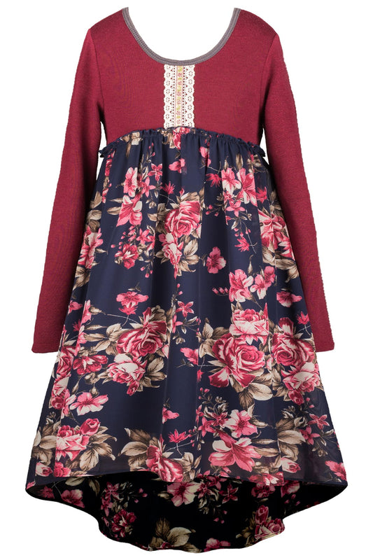 Big Girls Knit Top Long Sleeve Floral Chiffon Dress