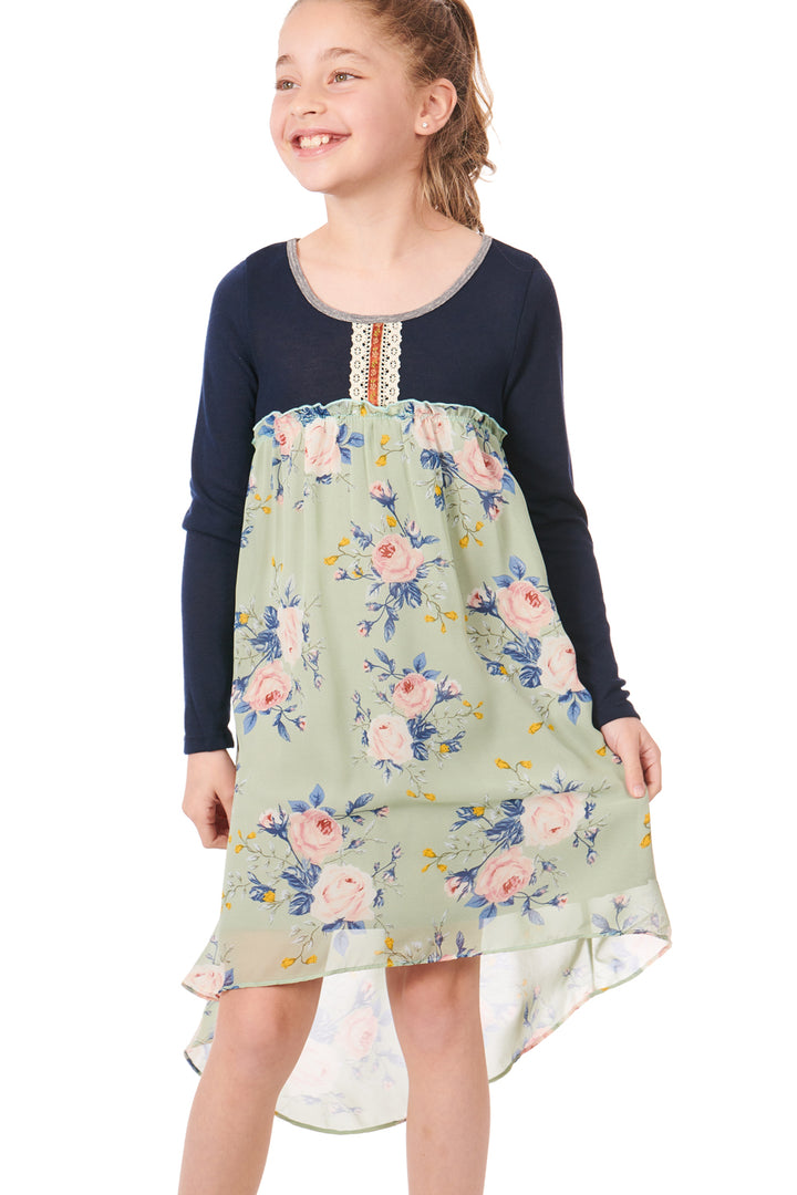Big Girls Knit Top Long Sleeve Floral Chiffon Dress